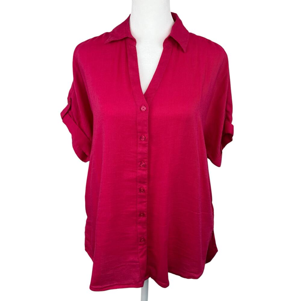 Gloria Vanderbilt Pink Aster Cuffed Sleeve V-Neck Tunic Top S NWT